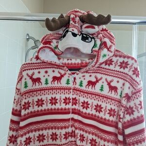 Adult One Piece Red Animal Pajamas Jumpsuit with Antlers Hootie size L